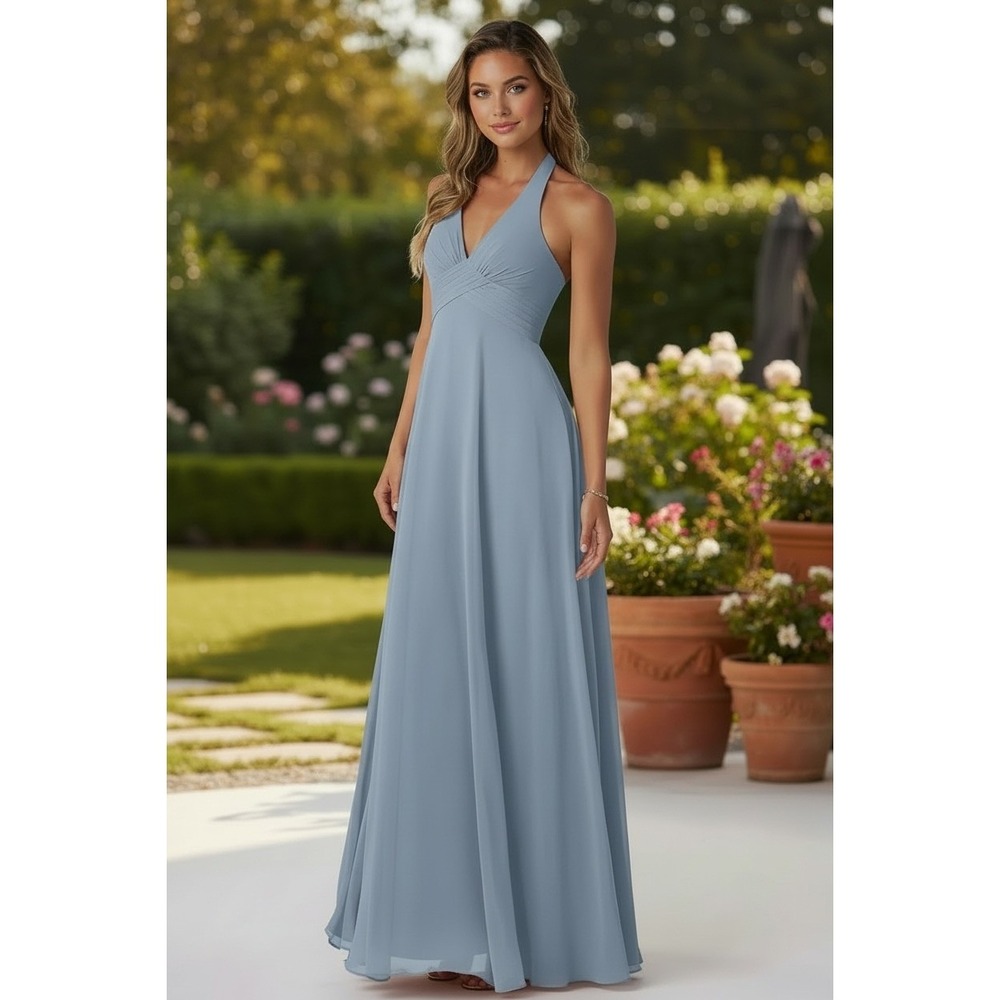 Azasie Tessie chiffon maxi cocktail elegant‎ dress dusty blue classic sz A8